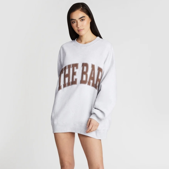 New The Bar Varsity Sweatshirt, Light Heather Grey/Chocolate. - Picture 3 of 8
